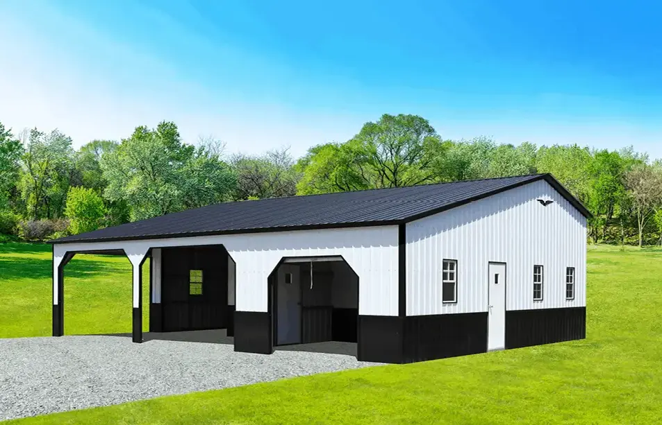 photo of black and white barn kit with  an open and unobstructed design.