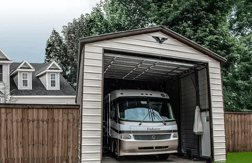 metal carport kit with an RV parked inside